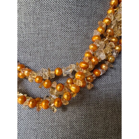 Sterling Triple Strand 18" Necklace With Golden Pearls Quartz Beads - Picture 2 of 5